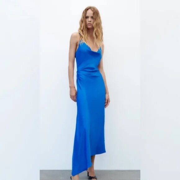 Zara Satin Effect Cowl Neck Midi Dress  Blue NWT Size Large - Picture 3 of 15